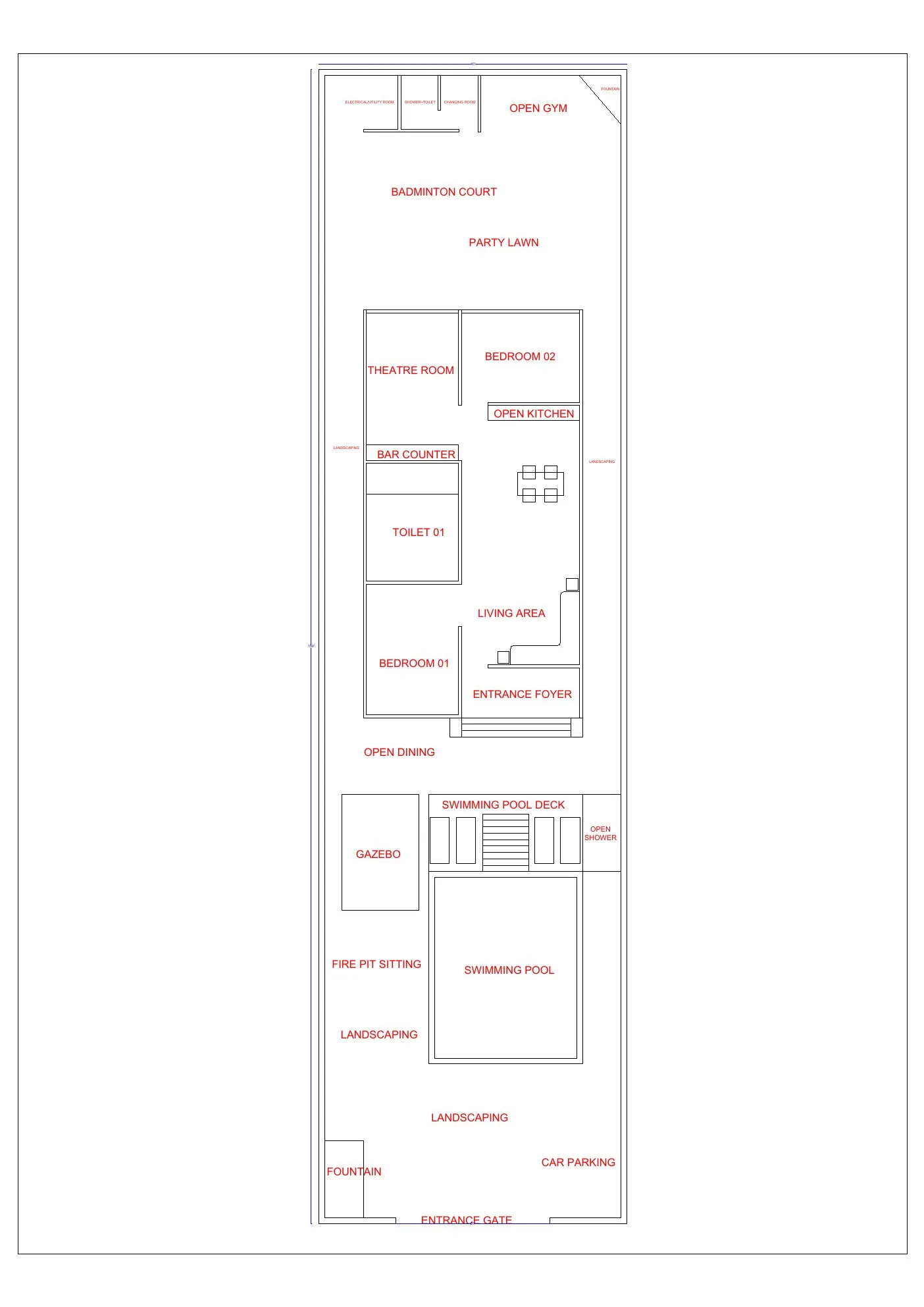 Proposed farmhouse layout with swimming pool, gym, badminton court, theatre room, party lawn, gazebo and fire-pit seating