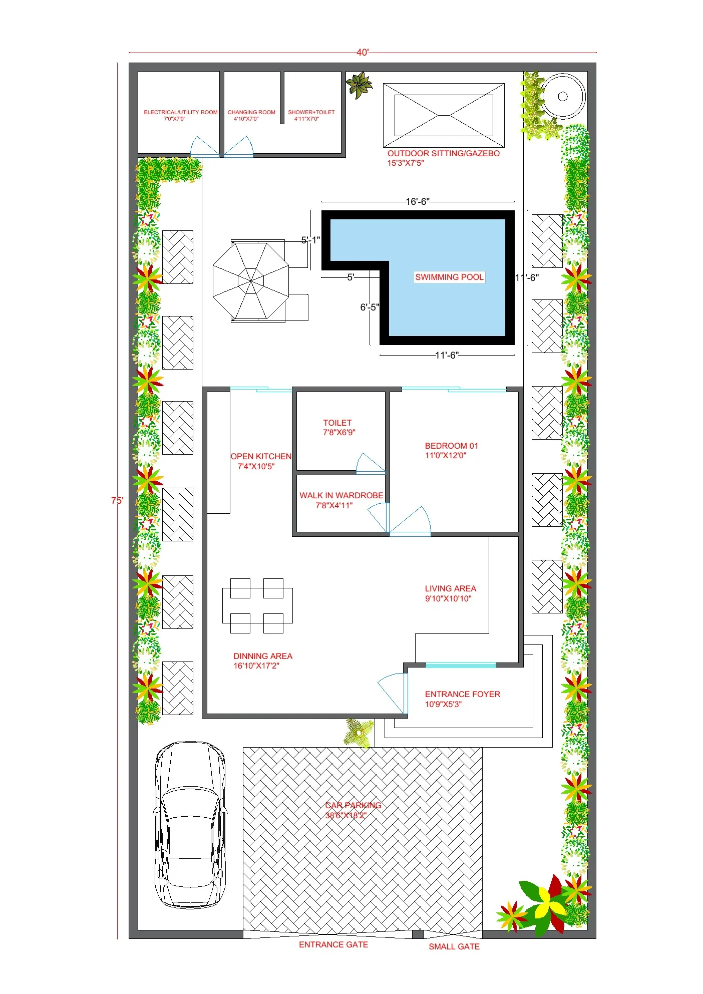 Farmhouse floor plan showing rooms, swimming pool and car parking, with a 40 by 75 dimension label