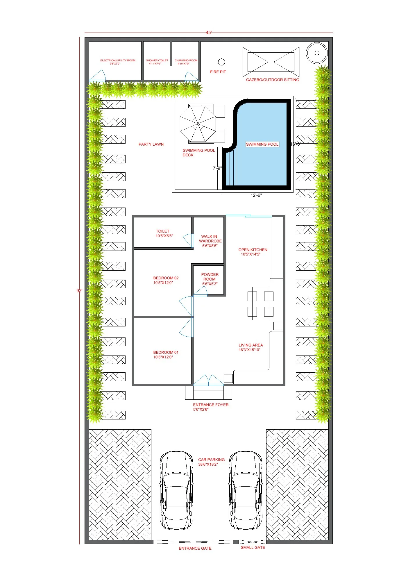 Farmhouse floor plan showing bedroom, living, kitchen, swimming pool and outdoor seating, with a 45 by 92 dimension label