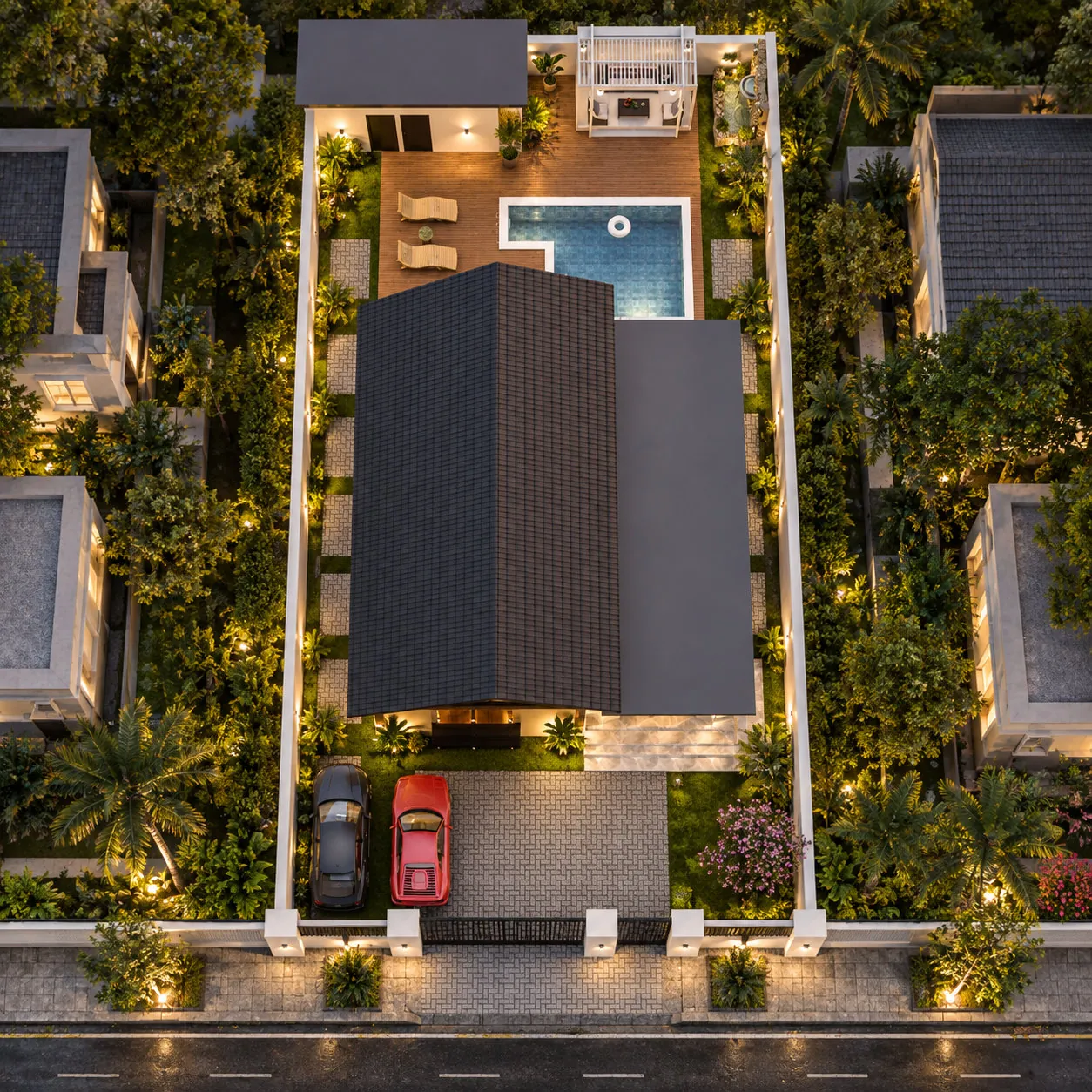 Aerial architectural model render of a landscaped farmhouse with pool, outdoor seating and front parking