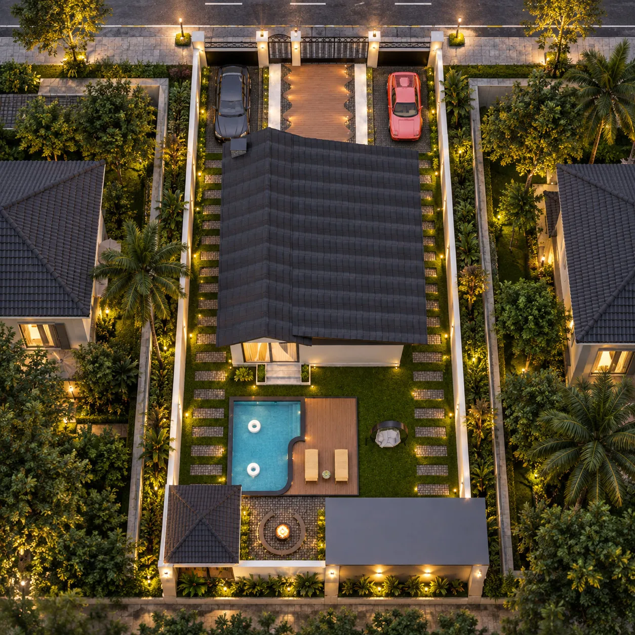 Aerial architectural model render showing the farmhouse, landscaped perimeter, swimming pool and outdoor living area