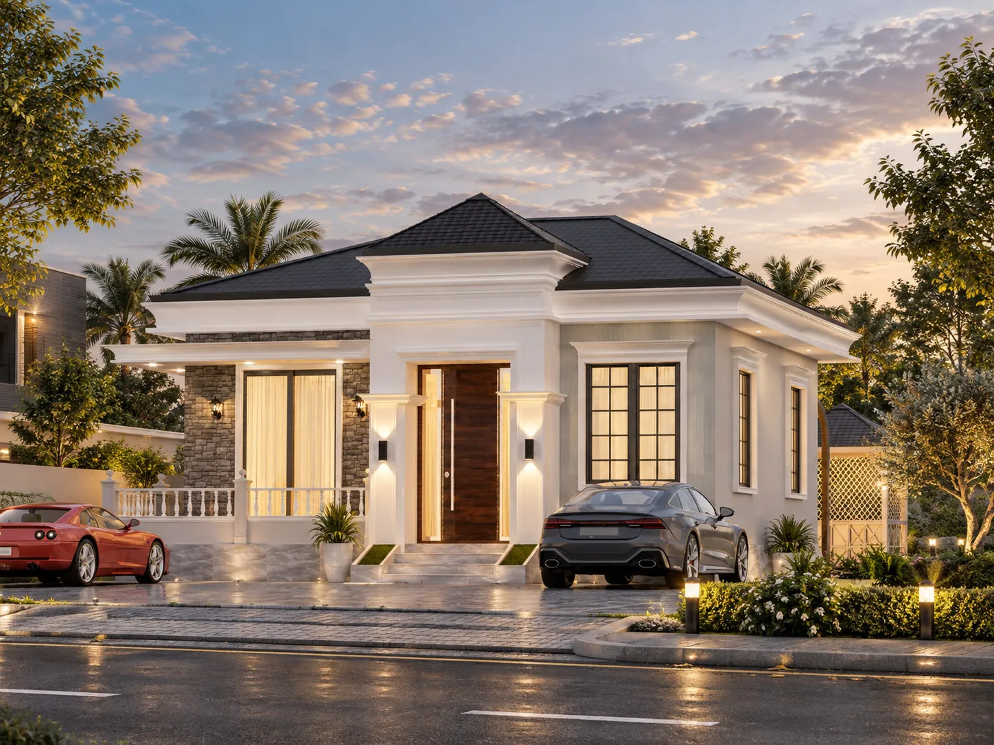 Classic single-storey farmhouse exterior with a broad roof, stone accents and a landscaped front approach, shown as an architectural render