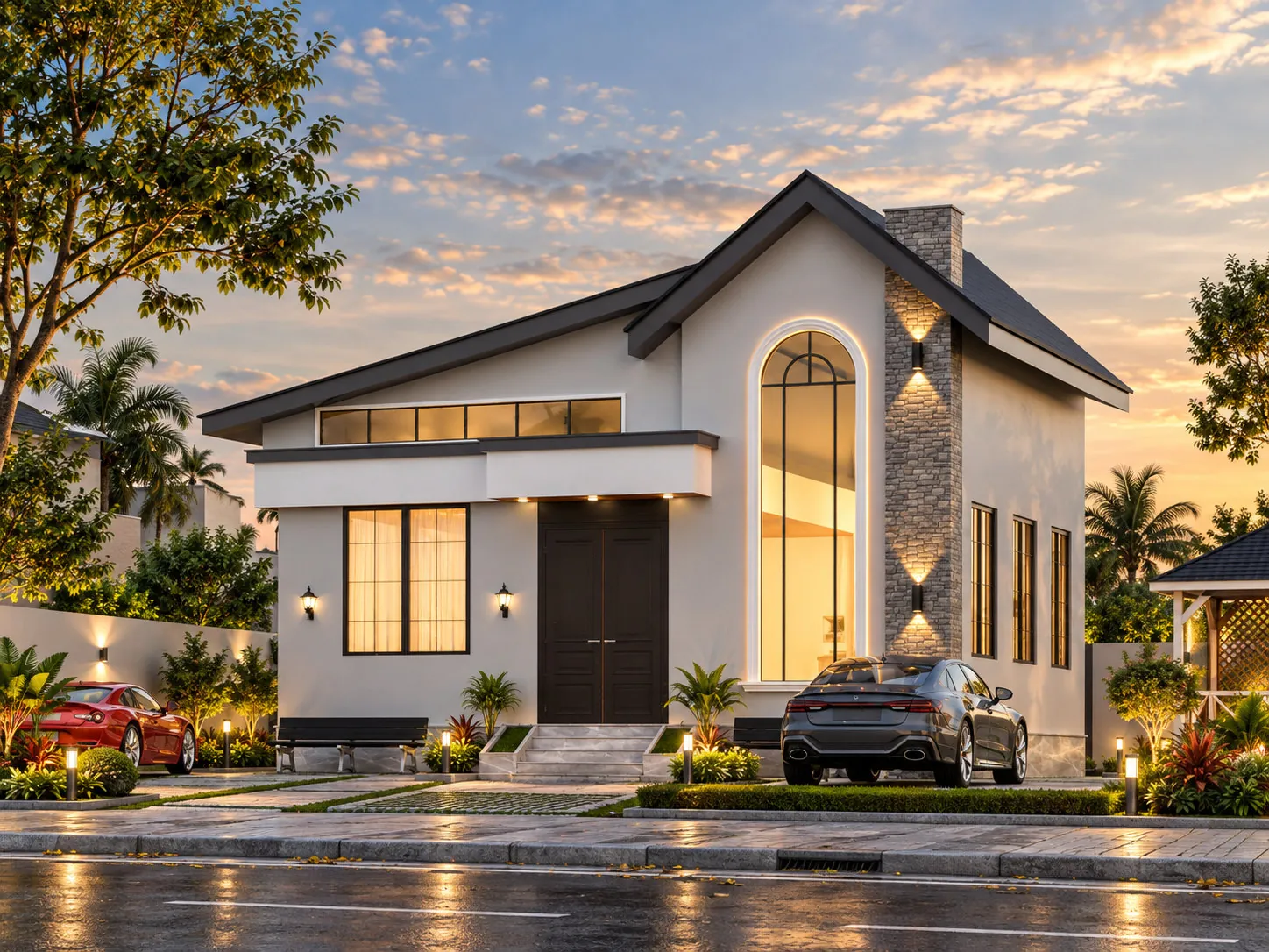 Contemporary farmhouse exterior with a pitched dark roof, tall glazed entry and landscaped frontage, shown as an architectural render